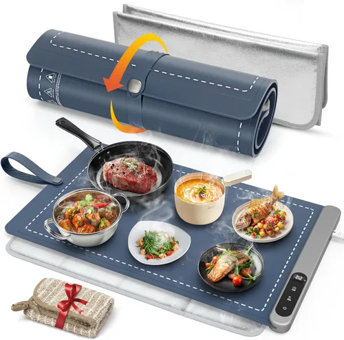 Miniatura 9 de FYY Tapete de calentamiento para alimentos con almohadilla resistente al calor, evita grietas en la encimera, mantiene la comida caliente, Gris