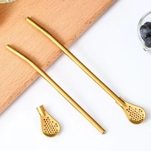 Miniatura 5 de 8 popotes de yerba mate, de acero inoxidable reutilizables dorados, cucharas con cepillo de limpieza para pajitas