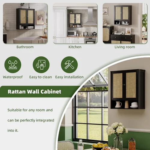 Miniatura 7 de Armario de pared de baño, organizador de almacenamiento de bambú sobre el inodoro con 2 puertas de ratán y estante ajustable, gabinete de medicina