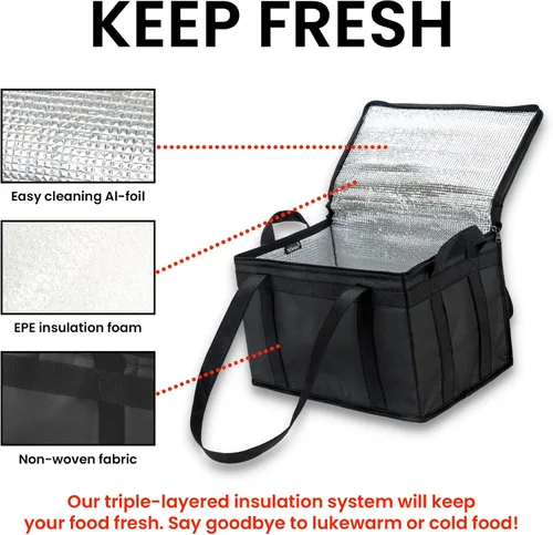Miniatura 90 de NZ home Bolsa térmica XXL aislada y calentador de alimentos para entrega y compras de comestibles con parte superior con cremallera, color negro
