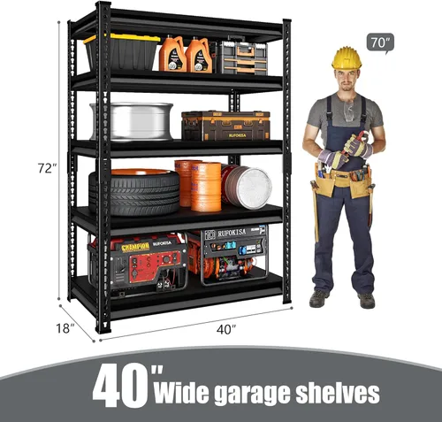 Miniatura 3 de Estantería de garaje de 5 niveles resistente, estantería de metal de 72 pulgadas, capacidad de carga de 2250 libras, 40 pulgadas de ancho x 18