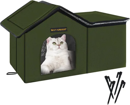 Miniatura 12 de Rest-Eazzzy Casa para gatos al aire libre, resistente a la intemperie y aislada, con alfombrilla y toldo, fácil de poner, refugio para gatos