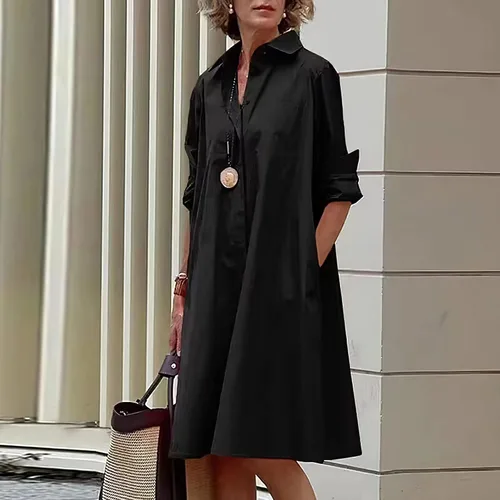 Miniatura 2 de Vestido camisero de lino de manga larga para mujer, estampado simple, con botones, talla grande, holgado, con 2 bolsillos