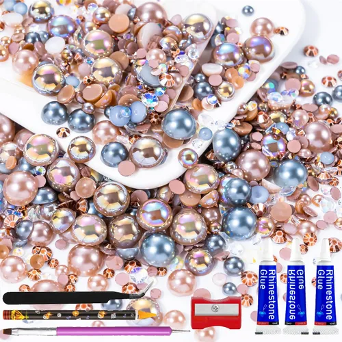 Miniatura 18 de 60g de Perlas Acuamarina Dorada con Diamantes de Imitación para Manualidades Tamaño Mixto 3mm-10mm Color AB Redondas Perlas Medias Planas Conjunto