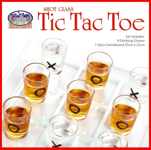 Miniatura 7 de Matty's Toy Stop Tic-Tac-Toe, juego de beber tres en una fila con 9 vasos de chupito y tablero de juego de vidrio (10 x 10 pulgadas)