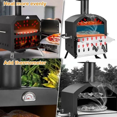 Miniatura 5 de Horno de pizza de 12’’ para exteriores Horno de pizza de leña Horno de patio portátil Incluye piedra para pizza, piel de pizza, patas plegables