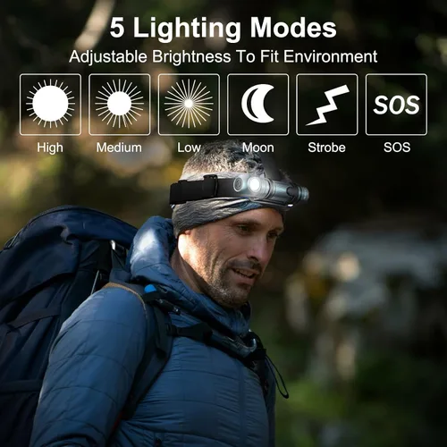 Miniatura 2 de Linterna frontal recargable – 1500 lúmenes en ángulo recto diadema LED, linterna impermeable para adultos al aire libre, camping, senderismo, pesca