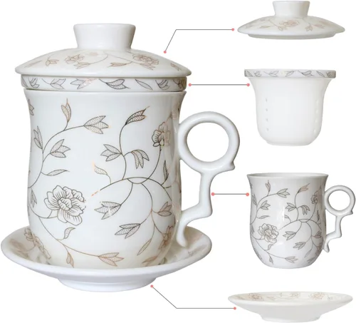 Taza de té de porcelana con tapa de infusor y juegos de platillos – Taza de café de cerámica china Jingdezhen Taza de té de hoja suelta Sistema de
