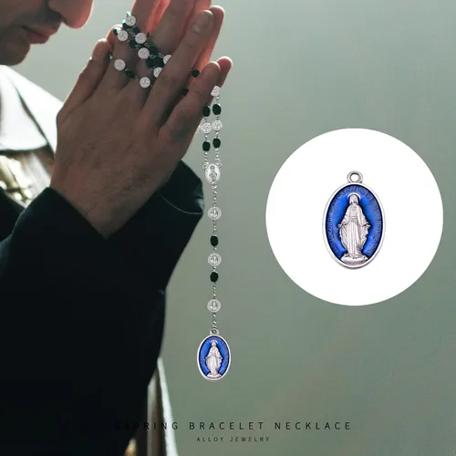Miniatura 8 de 40 piezas ovaladas de aleación azul esmalte católica medalla milagrosa de la Virgen María colgante para bricolaje rosario collar pulsera mexicana