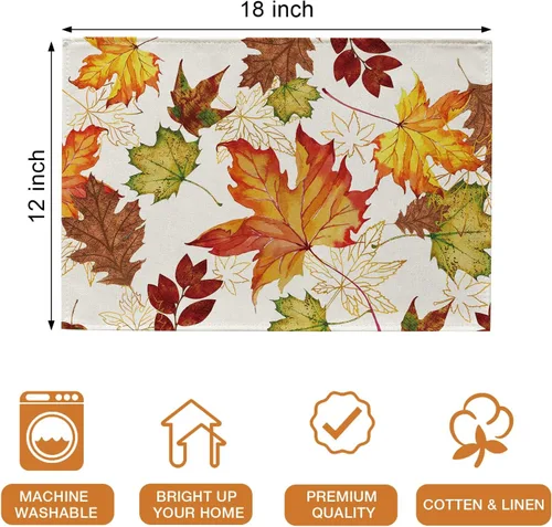 Miniatura 2 de Seliem Juego de 4 manteles individuales de hojas de arce otoñales, manteles individuales de otoño con hojas doradas y rústicas para mesa de comedor