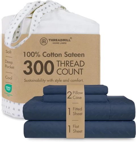 Miniatura 36 de Threadmill Sábanas 100% Algodón para Cama Tamaño King Juego de Sábanas de 4 Piezas para Cama King Suave, Transpirable y Ligero Satén de Damasco