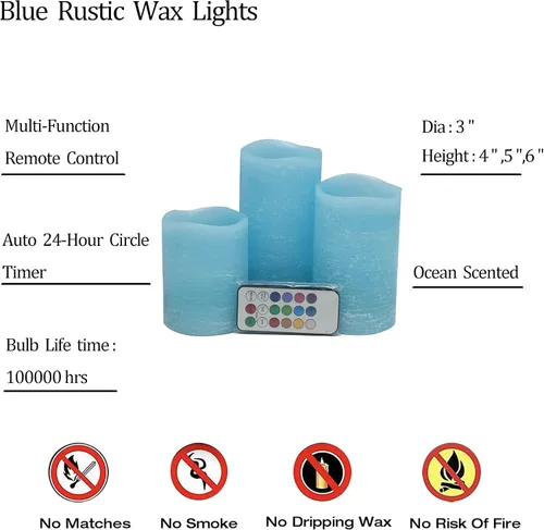Miniatura 2 de Adoria Juego de 3 velas azules sin llama, velas de pilar de cera real que funcionan con pilas con control remoto y temporizador, diámetro de 3