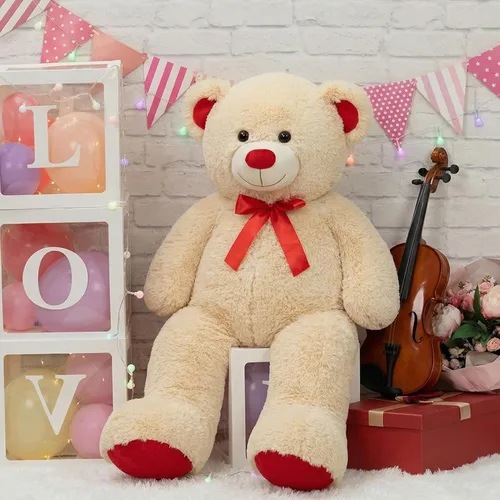 Miniatura 3 de Enorme Oso de Peluche Animal de Peluche Oso de Peluche Gigante con Lazo de Cinta Roja Juguete de Peluche de Día Regalo para Novia y Niños 36 Beige