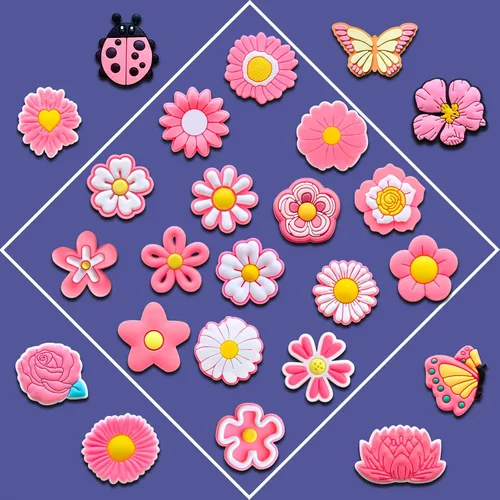 Miniatura 3 de 24 dijes de flores rosas para zapatos de zueco, sandalias, pulseras, dijes lindos, Metal no precioso., No es una piedra preciosa