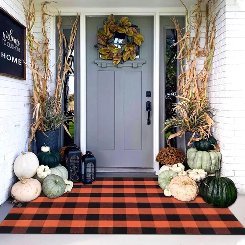 Miniatura 22 de Alfombra a Cuadros Naranja y Negra, 3 x 5 Pies, Alfombra Decorativa de Otoño para Puerta Delantera al Aire Libre, Alfombra de Algodón Lavable Tejida