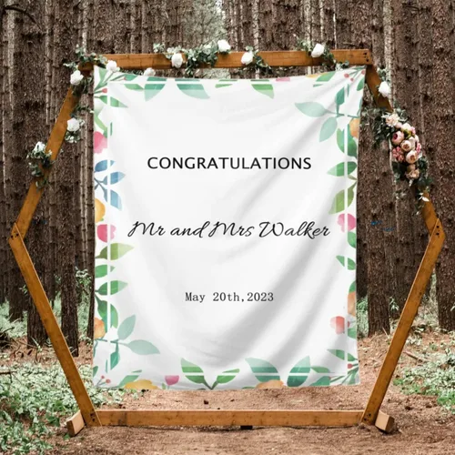 Telón de fondo de boda personalizado, tapiz de felicitaciones de flores coloridas personalizado con nombres y fecha, pancarta de boda personalizada