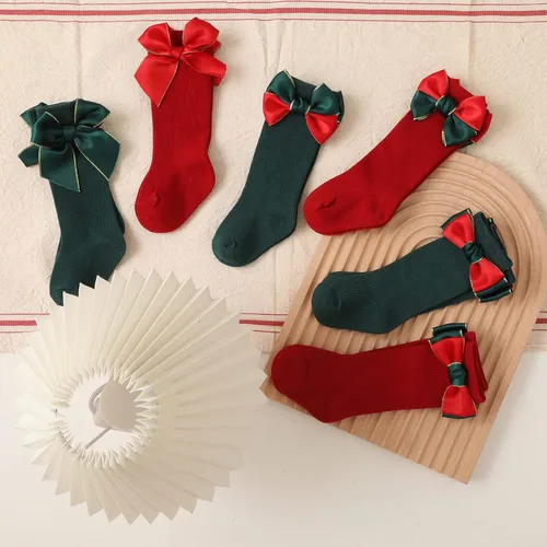 Miniatura 3 de Rarjuiey 2 pares de calcetines de Navidad para bebés y niñas pequeñas, medias de lazo alto hasta la rodilla, calcetines de algodón para recién
