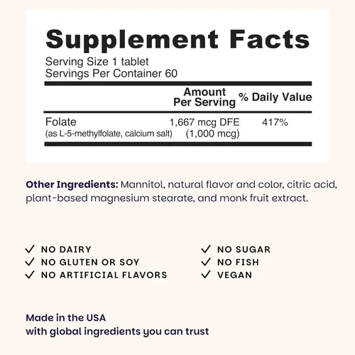 Miniatura 3 de EZ Melts Folato soluble 1,667 mcg DFE - Suplemento de folato metilado - Salud del corazón y desarrollo fetal saludable - Sin OMG, vegano y sin