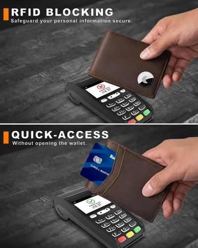 Miniatura 13 de Billetera AirTag para hombre, de piel auténtica plegable con bloqueo Rfid AirTag con ranuras para efectivo y ventana de identificación, compatible