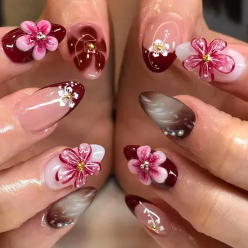 Miniatura 16 de Uñas postizas medianas a presión de almendra, con lazo 3D, perlas y diamantes de imitación, diseños de flores, uñas adhesivas, uñas acrílicas
