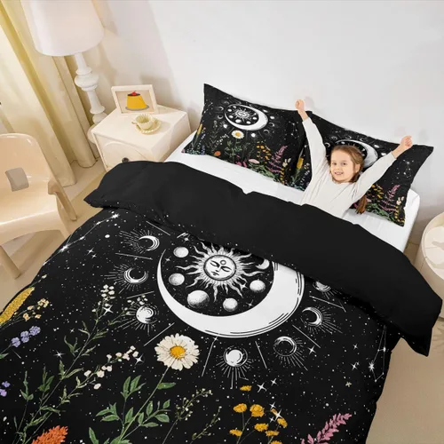 Miniatura 5 de Feelyou Juego de ropa de cama con diseño de galaxia de sol y luna para niñas, tamaño individual, constelaciones, juego de funda de edredón