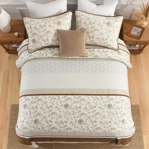 Miniatura 3 de DDUOXIN Edredón 100 % algodón, tamaño Queen, moderno, botánico, con 2 fundas de almohada, colcha con estampado floral a rayas, juego de ropa de cama