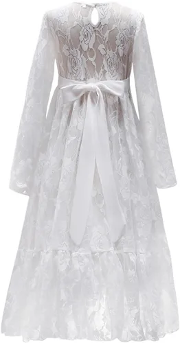 Miniatura 2 de Vestido de primera comunión con encaje blanco para niñas, boda, dama de honor, fiesta, bautizo, princesa, Aline, bohemio, rústico, baile, Blanco