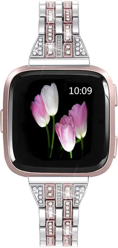 Miniatura 8 de Bandas compatibles con Fitbit Versa 2/Versa Lite/Versa, pulsera de repuesto con diamantes de imitación de metal para mujer, color negro