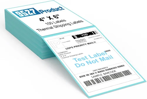 9527 Product - Etiquetas térmicas directas de 4 x 6 pulgadas en disposición de abanico con fondo azul, etiquetas de envío perforadas para impresoras