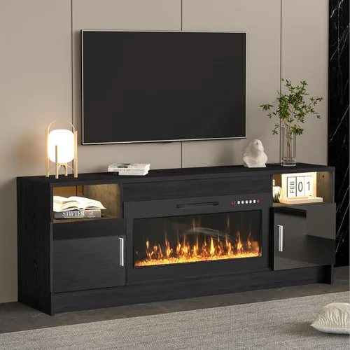 Miniatura 15 de Kucreiheat Soporte de TV negro con chimenea, luces LED, centro de entretenimiento para TV de hasta 80 pulgadas, consola de TV moderna para sala