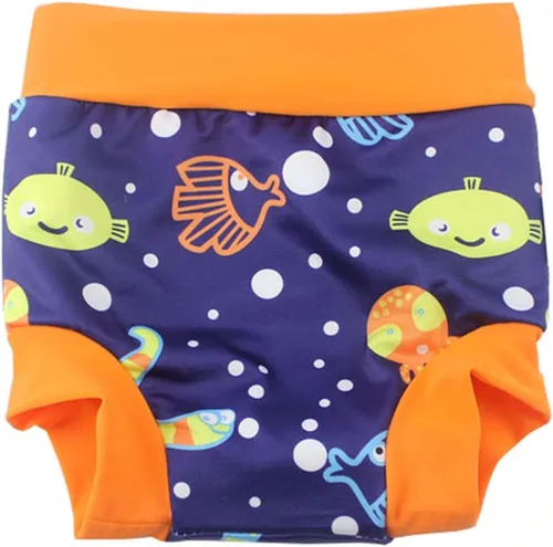 Miniatura 4 de Leideur Pañales de natación para bebé para niños, pantalones cortos de natación de cintura alta (2-3 años, rayas azul marino + peces)