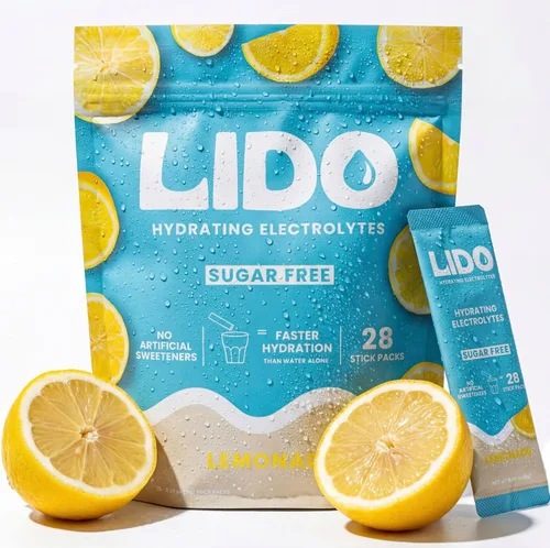 LIDO Paquetes de Polvo de Electrolitos de Limonada — Mezcla de Bebida de Hidratación Limpia y Sin Azúcar con Sodio Equilibrado para Reposición