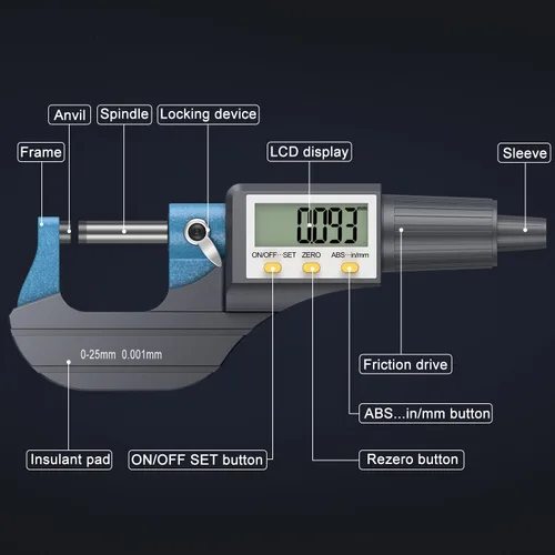 Miniatura 3 de HDLKNAK - Micrómetro digital, herramienta de medición de precisión de micrómetro exterior, 0-1"/0-25 mm, pulgada/métrica 0.00005"/0.001 mm, Azul