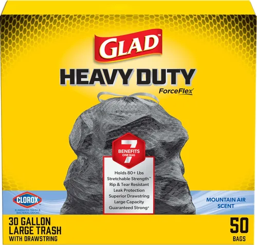Glad ForceFlex - Bolsas de basura resistentes con cordón ajustables con Clorox, Mountain Air, 30 galones, 50 unidades (el paquete puede variar)
