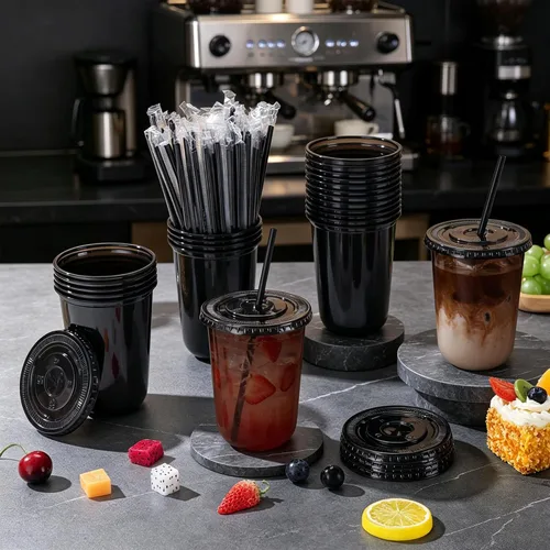 Miniatura 2 de KesaPlan Paquete de 50 tazas de plástico negro de 16 onzas con tapas y pajitas, taza de café helado desechable con tapas, tazas de fondo redondo