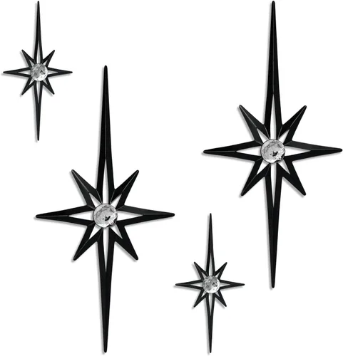 Miniatura 7 de 4 piezas de escultura de pared de arte de estrella de metal, decoración de pared de explosión de estrella de 8 puntas, diamantes brillantes