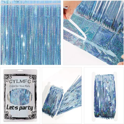 Miniatura 4 de CYLMFC Cortinas de flecos de papel de aluminio para decoración de fiesta, paquete de 2 telones de fondo de oropel de 3 x 8 pies para telón de fondo