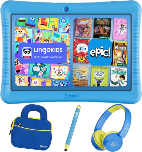 Contixo Paquete de tableta para niños de 10 pulgadas con auriculares, tableta K103 para niños pequeños, más de 80 libros electrónicos y calcomanías