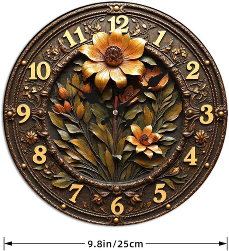 Miniatura 4 de Reloj de pared de madera de flor ornamentada de bronce con detalle grabado en relieve 9.8x9.8 in