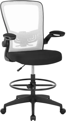 Miniatura 8 de Silla de oficina alta, de altura ajustable, con soporte lumbar y brazos abatibles; silla de respaldo de malla con reposapiés. Banco para escritorio
