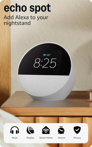 Miniatura 13 de Amazon Echo Spot: ideal para mesitas de noche, oficinas y cocinas, incluye despertador inteligente con Alexa (negro)