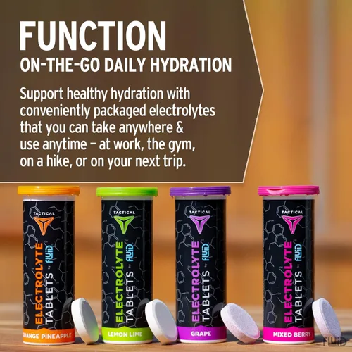 Miniatura 3 de Fluid Tactical - 40 tabletas de electrolitos efervescentes Paquete variado 320 mg de sodio, 160 mg de potasio Prevención de deshidratación