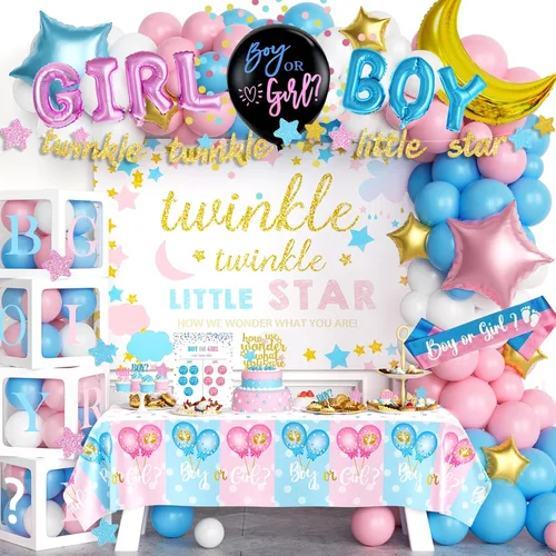 Miniatura 16 de Hombae - 170 piezas de decoraciones para revelación de género “cajas de bebé”, con fondo, guirnalda de globos, pancarta, mantel