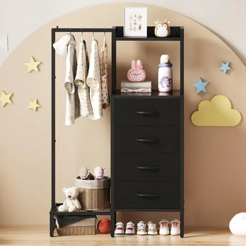 Miniatura 8 de Yoobure Cómoda negra con estante para colgar, armario pequeño con 4 cajones de almacenamiento de tela, cómoda de 44 pulgadas de alto con perchero