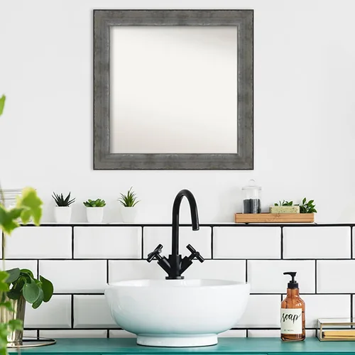 Miniatura 4 de Amanti Art Espejo de baño plateado para sobre el fregadero, 24 x 24 pulgadas, espejo cuadrado de peltre forjado a medida, marco de madera casual