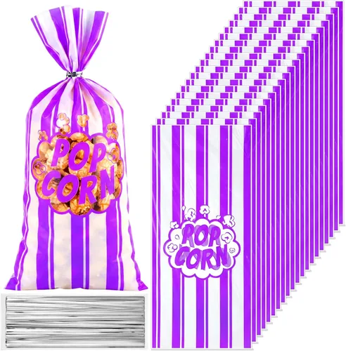 Miniatura 13 de 200 bolsas de palomitas de maíz, bolsas de plástico para máquina de palomitas de maíz, recipientes de maíz con lazos giratorios para carnaval, Rosa