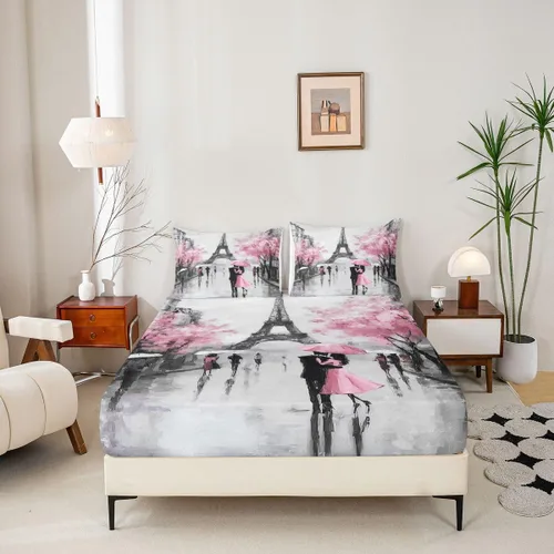 Miniatura 4 de Juego de sábanas decorativo de París con Torre Eiffel francesa, juego de 4 piezas para cama King, juego de sábanas de acuarela de cerezas