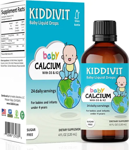Gotas líquidas de calcio para bebés con vitamina D3 y K2 – Suplemento de apoyo para el crecimiento y huesos suaves – 24 porciones diarias – Fibra
