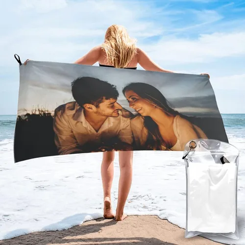 Miniatura 2 de Toalla de playa personalizada, diseño de logotipo de tu foto, texto, de secado rápido, fácil de llevar, toallas con nombres para senderismo, viajes