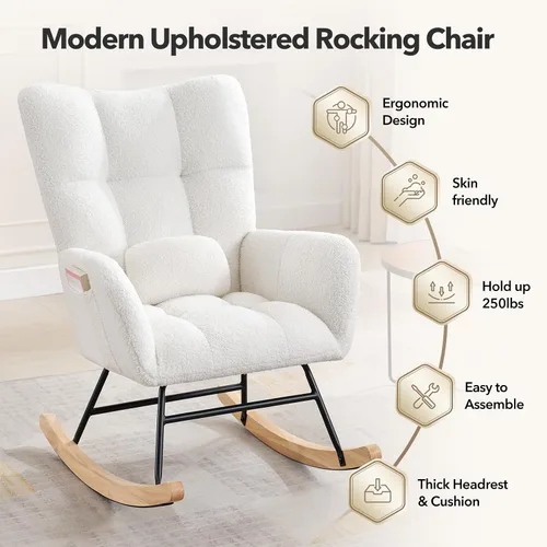 Miniatura 5 de Mecedora tapizada para guardería, asiento acolchado con respaldo alto, moderno sillón reclinable para sala de estar, dormitorio, lectura acogedora